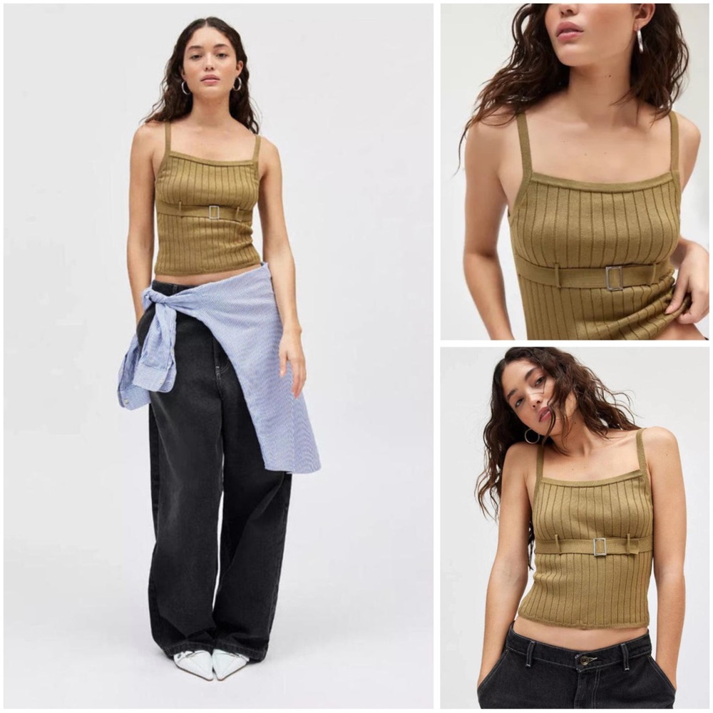 URBAN OUTFITTERS | FLORENCE Y2K 90s RIBBED OLIVE TANK SWEATER BUCKLE DETAIL